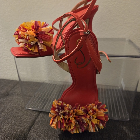 Vibrant Red and Yellow Pom-Pom Heels - Picture 1 of 3